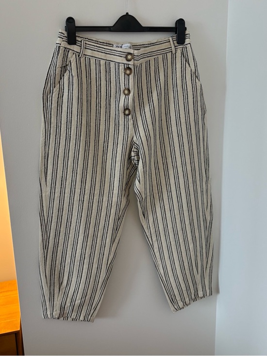 Zara Pants - Zara Embroidered Striped Rustic Cotton & Linen Tapered Cropped Pants Size L NWT‎